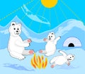 Ice bear cubs with mother by bonfire. Ice bears by igloo. Ice bear sitting.