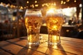Mugs of cold beer on a wooden table in a bar by Generative AI Royalty Free Stock Photo