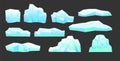 Ice block set. Pieces of frost ice floe. Winter freeze objects. Isolated on black background. Vector