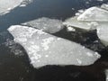 Ice blocks breaking up against shore and sea ice during freezing spring weather