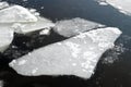 Ice blocks breaking up against shore and sea ice during freezing spring weather