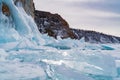 Ice blocks covered with snow at Frozen Lake Baikal Royalty Free Stock Photo