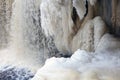 ice blocks on waterfall and icicles. huge frozen water flow of ice hangs on a rock, winter snow Royalty Free Stock Photo