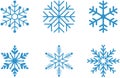 Ice blue frosty abstract snowflake symbols set on white background.