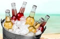 Beer bottles in ice on beach background Royalty Free Stock Photo