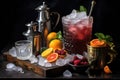 ice bucket, fruit garnishes, and bitters for classic cocktails