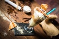 Ice caffe in a glass cup on a wooden table.