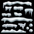 Ice cap. Snow caps with shadow, snowdrifts, snowballs and icicles, frozen roof effect. Winter season christmas and new Royalty Free Stock Photo