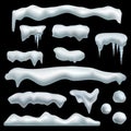 Ice cap. Snow caps with shadow, snowdrifts, snowballs and icicles, frozen roof effect. Winter season christmas and new year Royalty Free Stock Photo