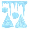 Ice caps snowdrifts icicles elements arctic snowy cold water winter decor vector illustration.
