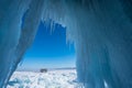 Ice cave in Baikal frozen lake in winter season, Siberia, Russia Royalty Free Stock Photo