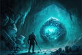 Ice cave exploration in with futuristic sci-fi pioneer explorer