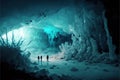 Ice cave exploration in with futuristic sci-fi pioneer explorer