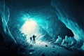 Ice cave exploration in with futuristic sci-fi pioneer explorer