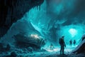 Ice cave exploration in with futuristic sci-fi pioneer explorer