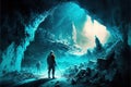 Ice cave exploration in with futuristic sci-fi pioneer explorer