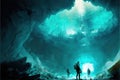 Ice cave exploration in with futuristic sci-fi pioneer explorer