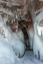 Ice cave, Icicles in the rocky caves, Lake Baikal in winter, Siberia