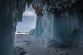 Ice cave, Icicles in the rocky caves, Lake Baikal in winter, Siberia