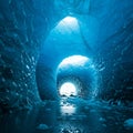 Ice cave interior with smooth, translucent blue walls. A circular opening at the end Royalty Free Stock Photo