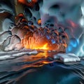 Ice cave with reflections of fire from flowing lava from a volcanic eruption, element of nature, force of nature,