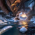 Ice cave with reflections of fire from flowing lava from a volcanic eruption, element of nature, force of nature,