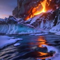 Ice cave with reflections of fire from flowing lava from a volcanic eruption, element of nature, force of nature,