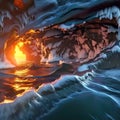 Ice cave with reflections of fire from flowing lava from a volcanic eruption, element of nature, force of nature,