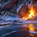 Ice cave with reflections of fire from flowing lava from a volcanic eruption, element of nature, force of nature,