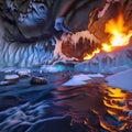 Ice cave with reflections of fire from flowing lava from a volcanic eruption, element of nature, force of nature,