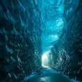 An ice cave with translucent blue walls featuring smooth, undulating textures. The Royalty Free Stock Photo