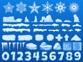 Ice chunks, big icebergs, severe frost and snow, set elements for design, beautiful snowflakes cartoon style, vector