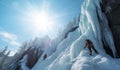 Ice climbers dressed in climbing clothes, safety harnesses and helmet climb under frozen vertical waterfall icefall before sunset Royalty Free Stock Photo