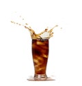 Ice Coffee Drink and Ice Tea tall glass splash up in Air. Cold brew ice coffee tea in cool glass drop splash and spill out of