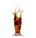 Ice Coffee Drink and Ice Tea tall glass splash up in Air. Cold brew ice coffee tea in cool glass drop splash and spill out of