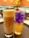 Ice Coffee Latte And Butterflypea Mocktail Royalty Free Stock Photo