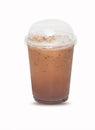 Ice coffee in plastic tall large plastic mug cup.