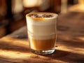 Ice coffee in a tall glass with cream poured over black table. Cold summer drink on a dark background Royalty Free Stock Photo