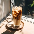 Ice coffee in a tall glass with cream poured over, ice cubes and beans on a table. Glass of a iced coffee with cream milk. Cold