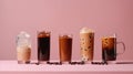 Ice coffee in a tall glass , Set with different types of coffee drinks Royalty Free Stock Photo