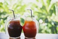 Ice coffee and tea on wooden table over green garden background Royalty Free Stock Photo