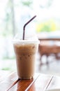 Ice coffee on wood table