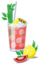 Ice cold fresh salty tomato Bloody Mary composition with olives, celery, lemon and slice of tomato. Flat style vector