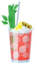 Ice cold fresh salty tomato bloody Mary garnished with olives, celery and lemon. Flat style illustration on white. For