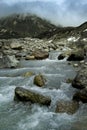 Ice cold Lachung river flowing out of glacier at Yumesamdong, Zero point, Sikkim, India. Altitude of 15,300 feet, last outpost of Royalty Free Stock Photo