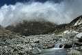 Ice cold Lachung river flowing out of glacier at Yumesamdong, Zero point, Sikkim, India. Altitude of 15,300 feet, last outpost of Royalty Free Stock Photo