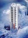 Ice cold thermometer in ice and snow Royalty Free Stock Photo