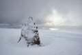 Ice covered cairn at summit of Ben Nevis in heavy snow Royalty Free Stock Photo