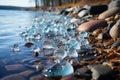 Ice-covered rocks along a shoreline photo - stock photography concepts