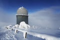 Ice-covered screen weather station, high on mountain-top Royalty Free Stock Photo